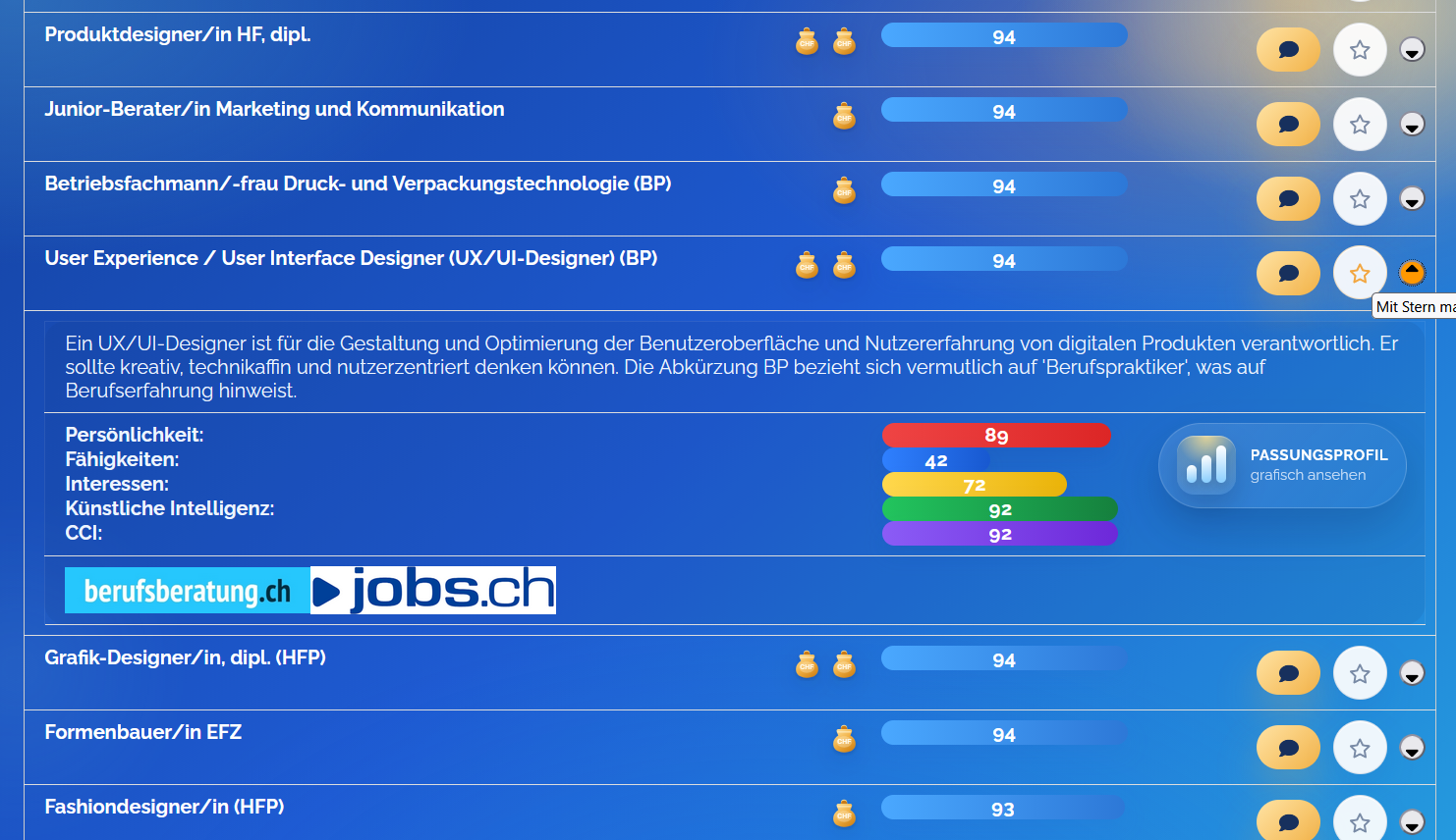 Screenshot passender Berufe im Bericht